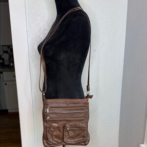 Y2K Vintage Brown Faux Leather Multi-Pocket Crossbody Bag Boho Utility Purse